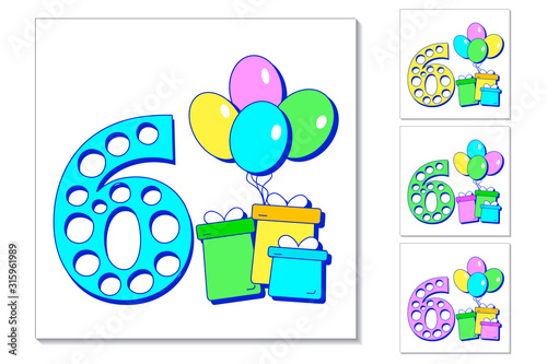 6th year anniversary celebration card. Greeting card with number 6, colorful balloons and gifts. Set of different color cards for boy or girl