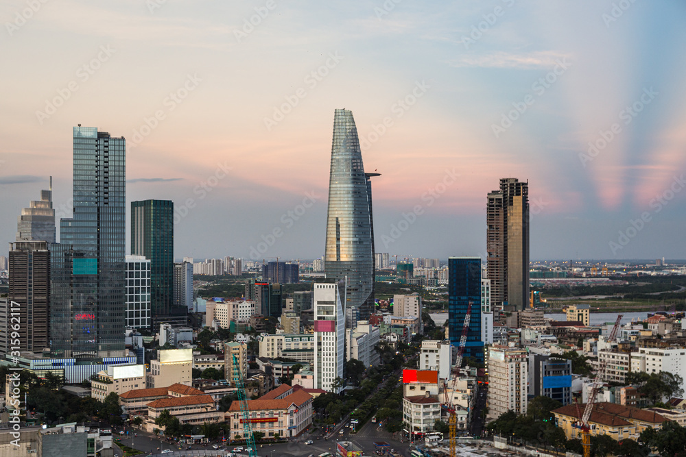 Stunning sunset over the modern Ho Chi Minh City, or Saigon, downtown and business district in Vietnam largest city in the south