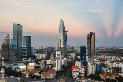 Stunning sunset over the modern Ho Chi Minh City  or Saigon  downtown and business district in Vietnam largest city in the south