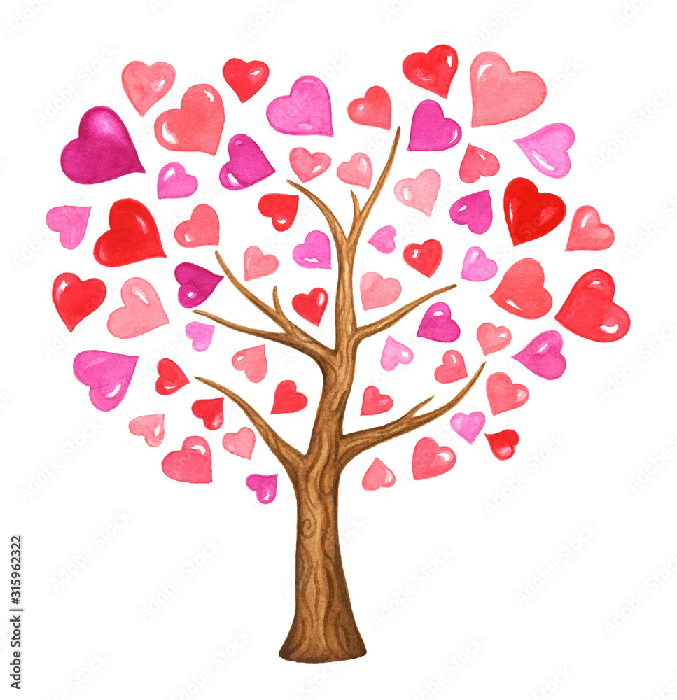 Love tree. Watercolor illustration of a tree with pink and red hearts. Isolated on white. Love or Valentines day design.