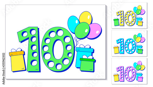 10th year anniversary celebration card. Greeting card with number 10, colorful balloons and gifts. Set of different color cards for boy or girl