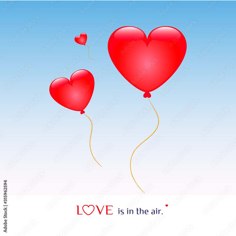 Love card with heart shaped balloon. Valentines day present. Copy space