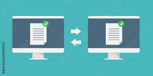 file sharing concept. Data transfer, ftp file receiver and backup on the monitor screen.