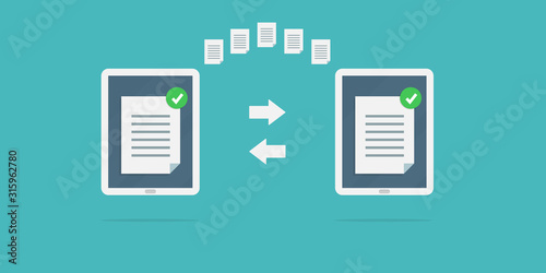 file sharing concept. Data transfer, ftp file receiver and backup on tablet screen. File transfer in notebooks.
