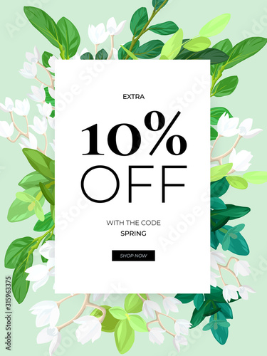 Spring floral eco design with white lily flowers, green leaves, succulent plants and integrated 3d typography. Vector template for sale promo poster, flyer, banner or card. Illustrated background with