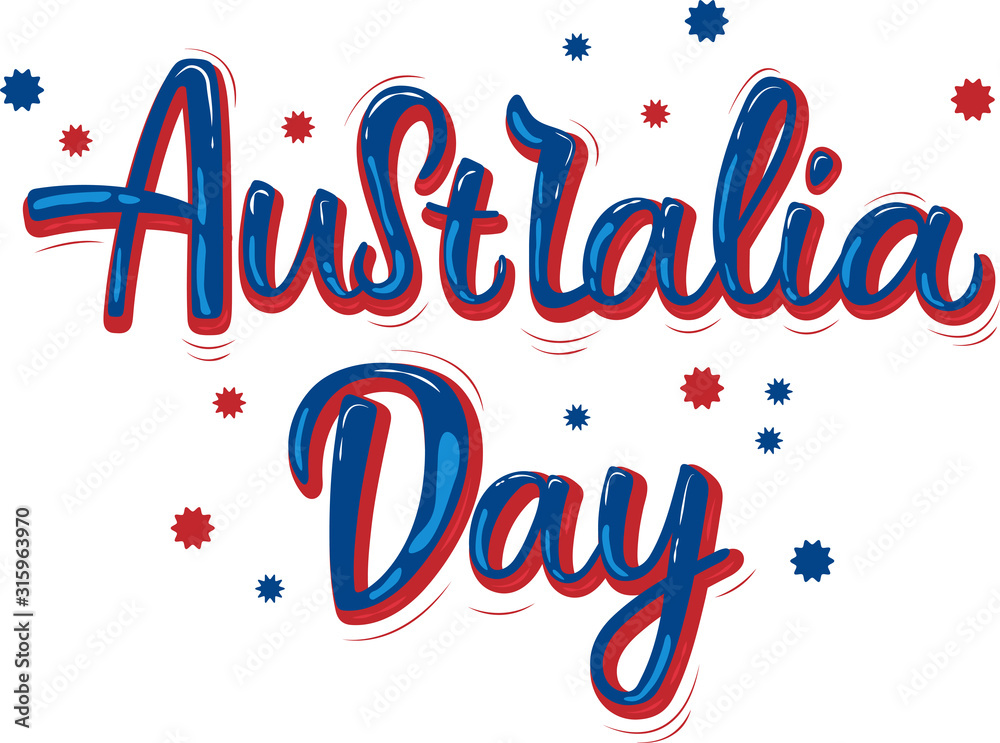 Hand drawn AUSTRALIA DAY typography poster. Celebration quotation for card, banner, logo, icon. Blue or red desigh on white background. Vector illustration