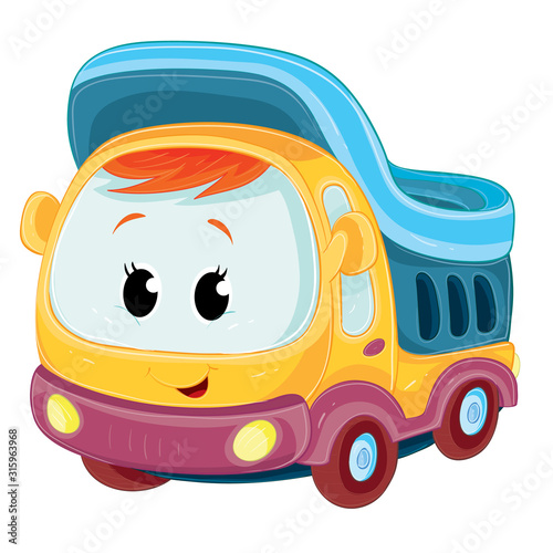 multicolored cute truck character stands isolated on a white background,
