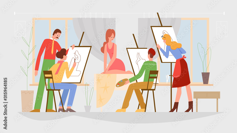 Art class, drawing lesson vector illustration. Model and artists, posing  woman and people painting portrait, teacher and students flat characters.  Art school, master class, getting art education Stock Vector