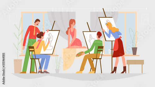 Art class, drawing lesson vector illustration. Model and artists, posing woman and people painting portrait, teacher and students flat characters. Art school, master class, getting art education