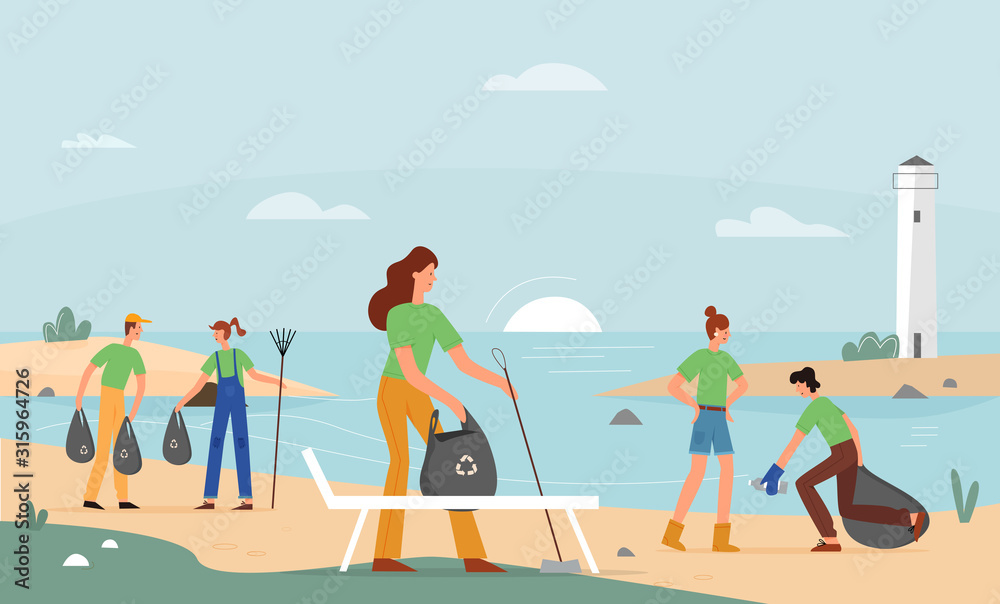 Fototapeta premium Volunteer activity, beach garbage collection vector illustration. Male and female volunteers, young people with broom and garbage bags flat characters. Environmental cleanup, volunteering concept