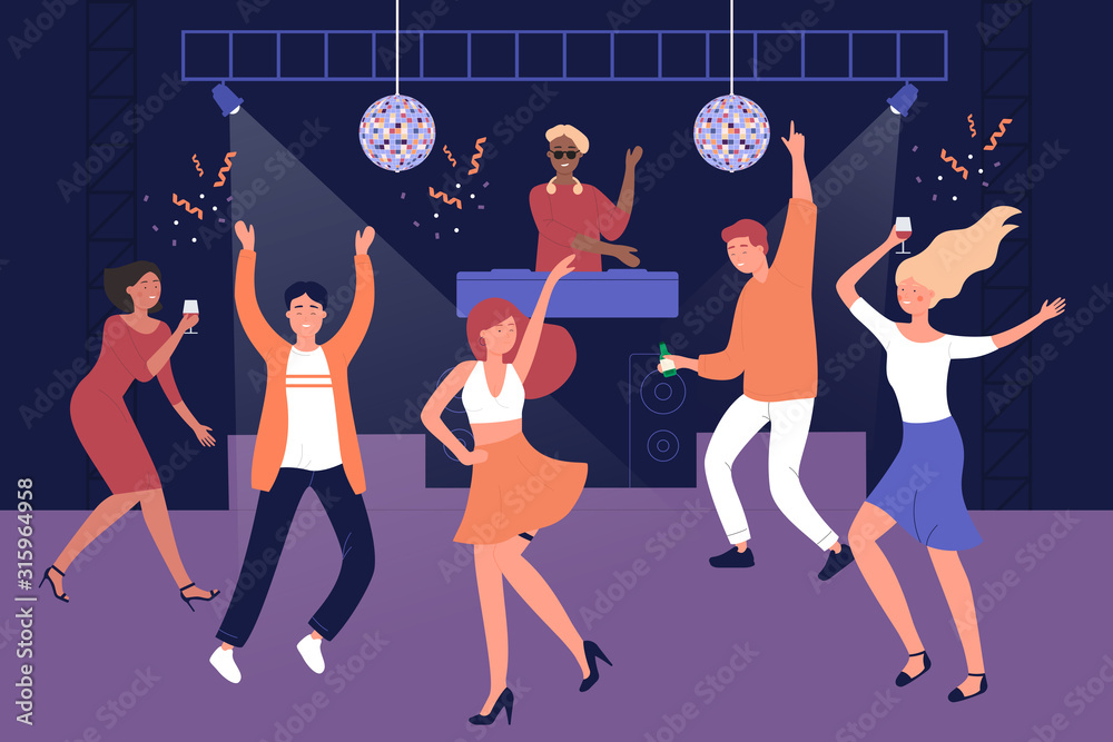 Bachelor man party at home vector illustration. Discotheque, soiree, holiday celebration, evening with friends. Strip show. Male party visitors with wine glasses, female stripper flat characters