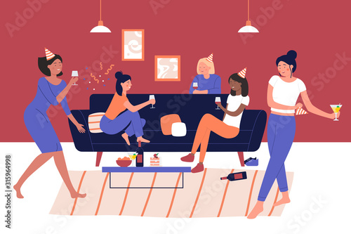 Girl party at home vector illustration. Discotheque, hen-party, soiree, holiday celebration, evening with friends. Female party visitors with wine glasses, women resting together flat characters
