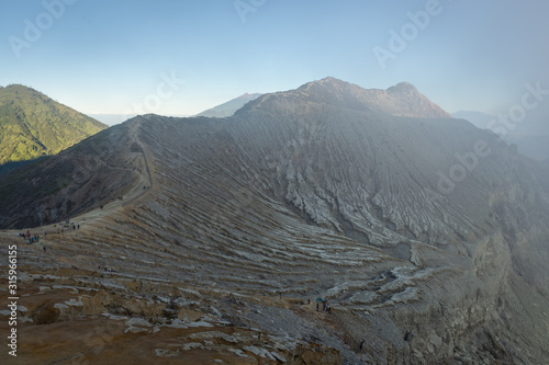 Stunning path with beautiful view on Ijen Crater. Ijen Crater is a volcanic tourism attraction in Indonesia, located on East Java, famously contains the world’s largest acidic volcanic crater lake.
