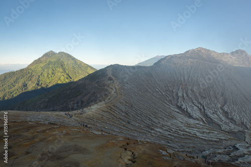 Stunning path with beautiful view on Ijen Crater. Ijen Crater is a volcanic tourism attraction in Indonesia, located on East Java, famously contains the world’s largest acidic volcanic crater lake.