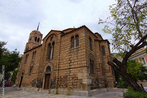 Wide angle landscape view of the Church of Sotera Lykodemos (Holy Trinity). It is a Byzantine-era church at Filellinon Street that serves the Russian Orthodox community of Athens, Greece