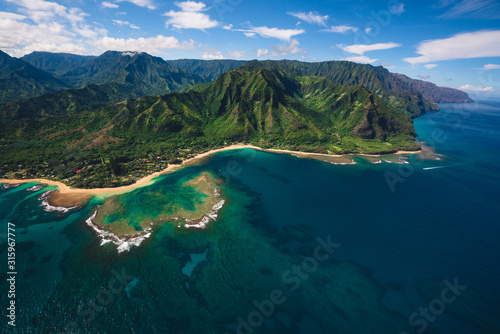 Aerial Landscape View of Kauai, Hawaii with Beautiful Mountains and Shoreline