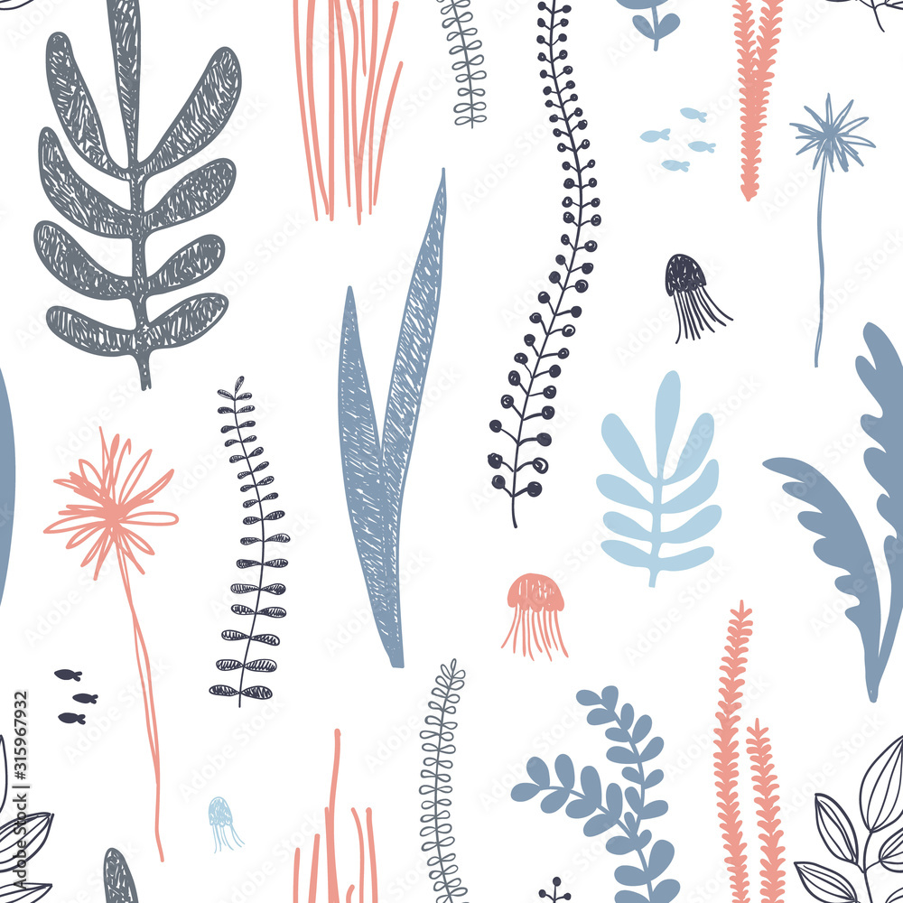 Hand drawn seamless vector pattern. Trendy pattern with algae and jellyfish on a white background for printing, fabric, textile, manufacturing, wallpapers. Hand drawn seamless vector pattern. Trendy pattern with algae and jellyfish on a white background for printing, fabric, textile, manufacturing, wallpapers.