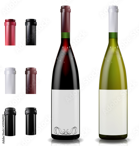 Red and white wine bottles. Caps or sleeves, closing the stopper.