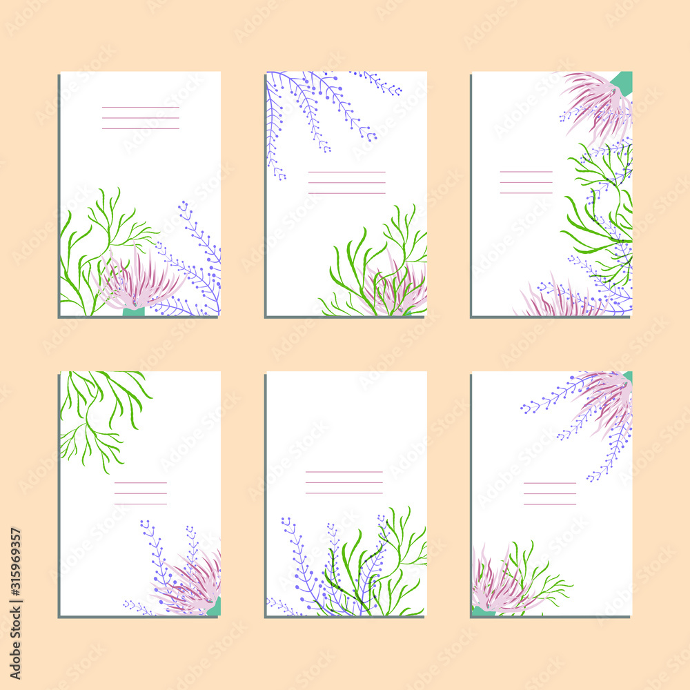 Collection of vector template label, visit cards, square greeting cards and banners with home plants, wild flowers and herbs.Business set of design templates Layout, mockup design for cosmetics.