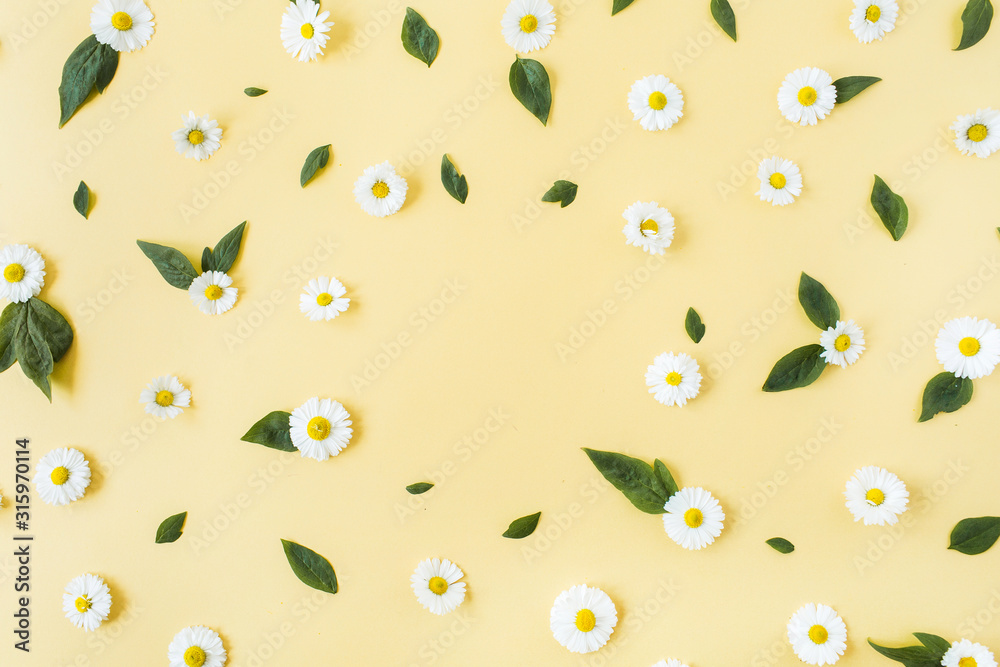 Frame border of white chamomile daisy flowers pattern on yellow background. Flat lay, top view copy space mockup.