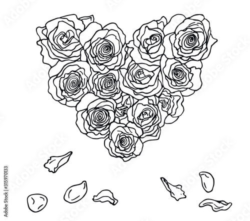 Heart of roseswith petals for valentine`s day, wedding, engagement, dating, love. Line art style.