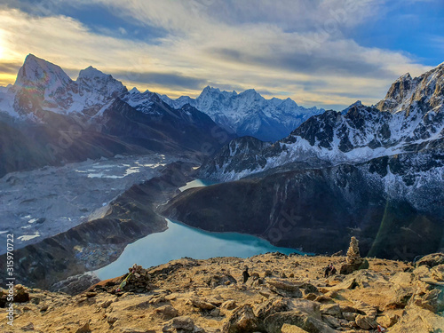 Picturesque mountains and Dudh Pokhari lake view from Gokyo Ri at sunrise. Trekking in Solokhumbu, Nepal, Himalayas.