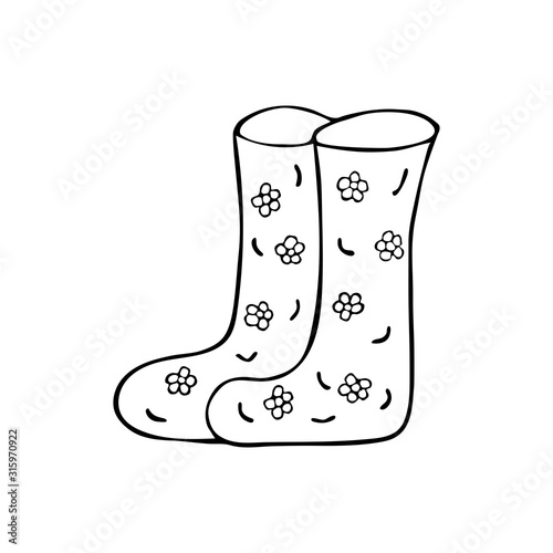 Cute Boots for rainy weather. Black and white doodle style illustration. Womens shoes for spring, summer or autumn with floral print vector