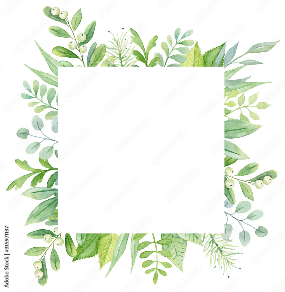 Watercolor green botanical floral frame. Summer greenery frame