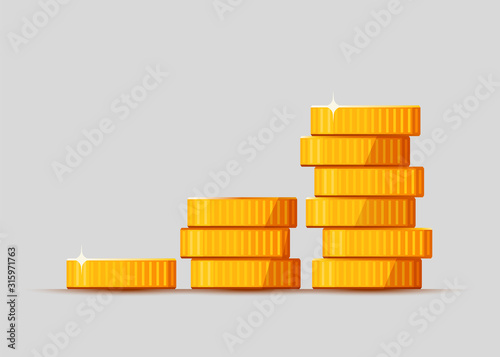 Growing stack of golden dollar coins isolated on white background. Economics concept.