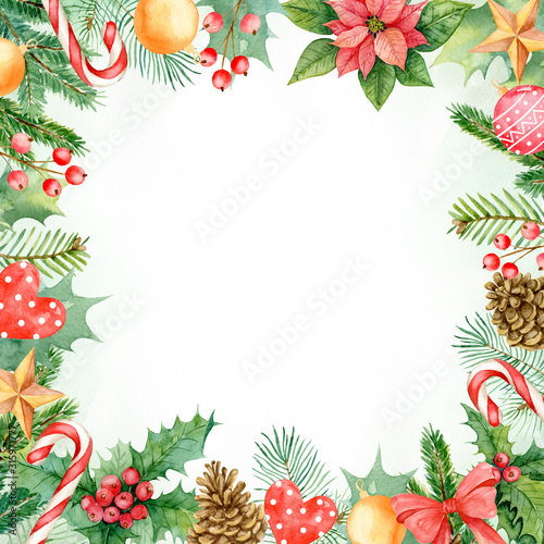 Fototapeta Naklejka Na Ścianę i Meble -  Watercolor Christmas Frame with fir tree branch and Christmas decorations