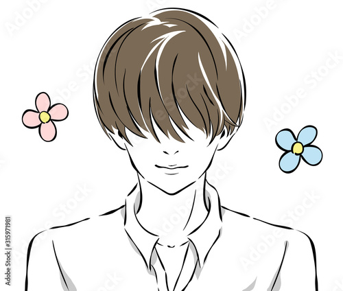 前髪で目を隠した男性の笑顔