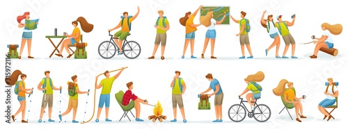 Large set of 2D characters, outdoor activities, camping. For vector illustrations