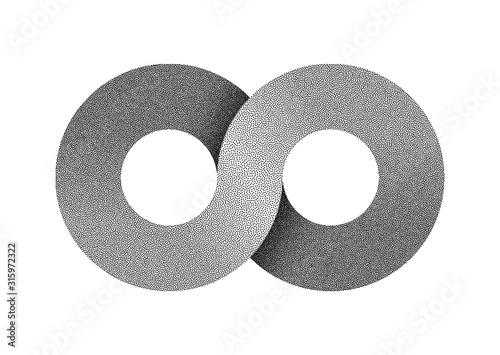 Stippled Infinity sign made of two combined rings. Textured limitless strip symbol. Vector illustration.