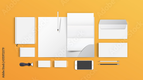 Corporate identity branding design. Stationery mockup vector full set. Template folder and letter, visiting card and envelope. Empty objects on orange bright background for presentation company style.