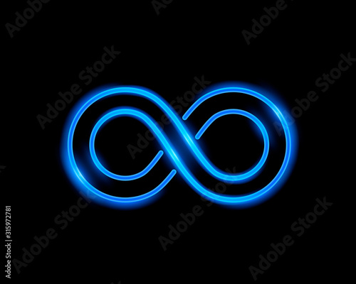 Infinity neon symbol on the blue background.