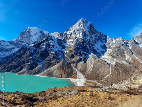 Cholatse lake view. Everest base camp trek: from Dzongla to Lobuche, Solokhumbu, Nepal. photo