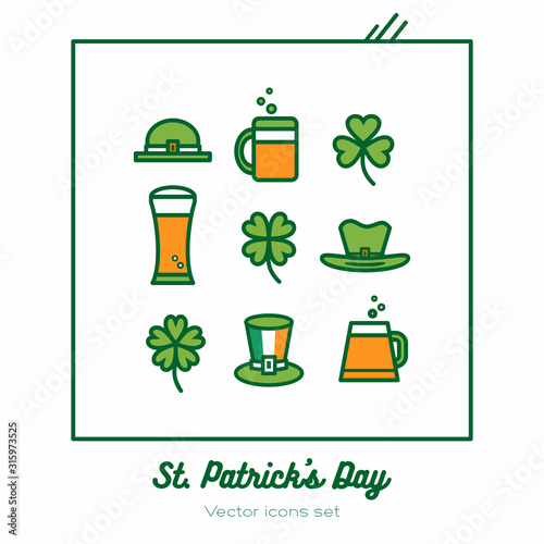 Saint Patricks day vector icons set. Green orange line art flat icons for logo, sign, buttons. Minimalist st Patricks day menu, flyer, poster. Isolated clover, beer glass, leprechaun hat, smoking pipe
