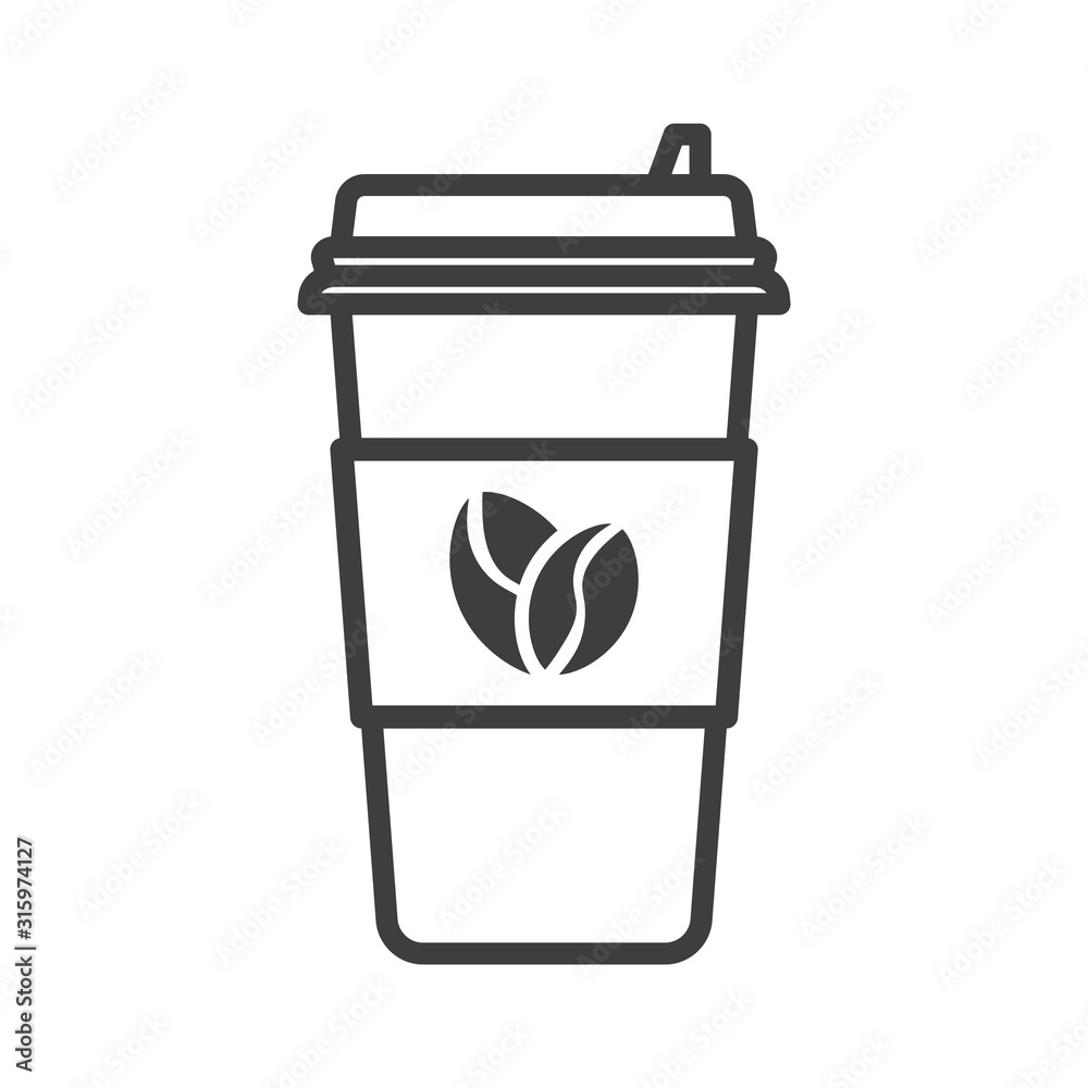 Icon paper cup for coffee with a plastic lid. Linear execution. Image of coffee beans on the label. Isolated vector on a white background Icon paper cup for coffee with a plastic lid. Linear execution. Image of coffee beans on the label. Isolated vector on a white background