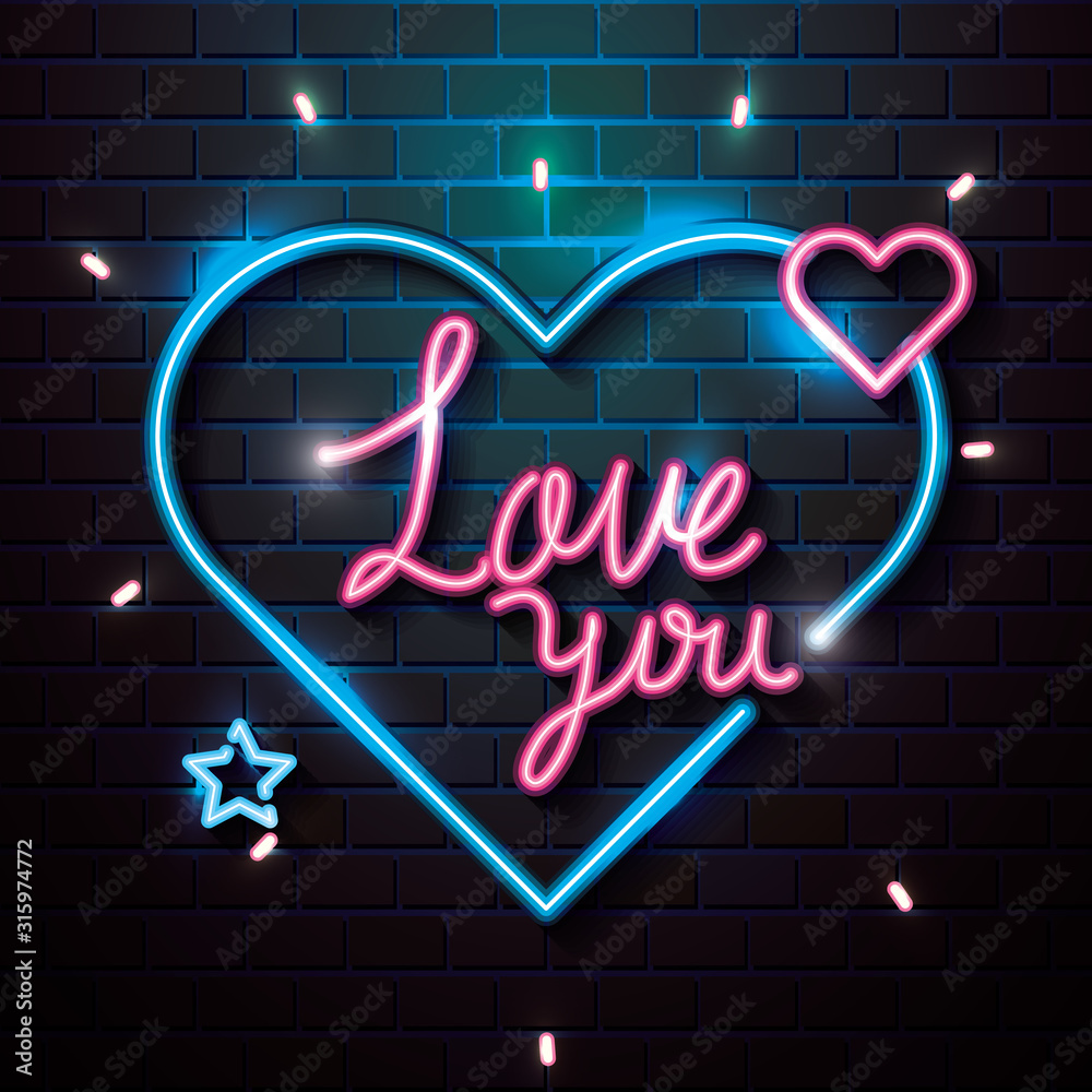 love you lettering of neon light vector illustration design
