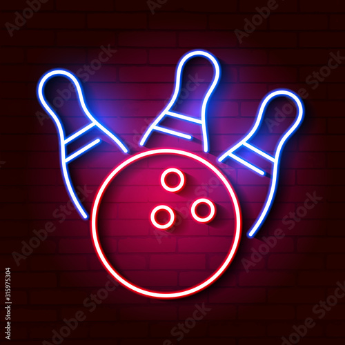 Bowling Ball And Skittles Neon Lights. Vector