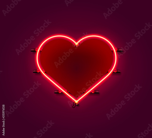 Neon heart signboard on the red background.