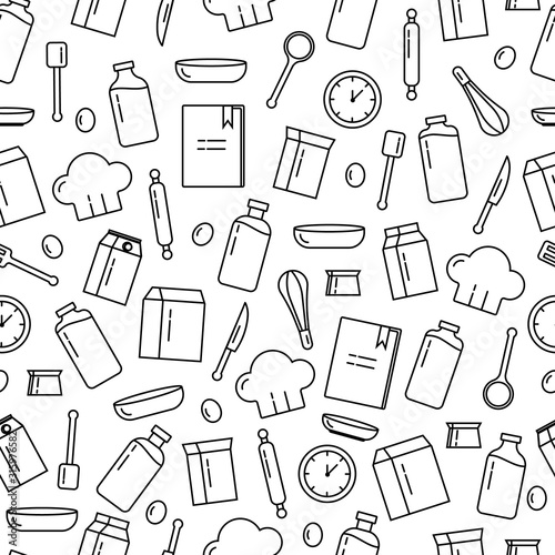 Seamless of outline tools for cooking. Kitchen objects and products pattern. Vector baking background with black line elements.