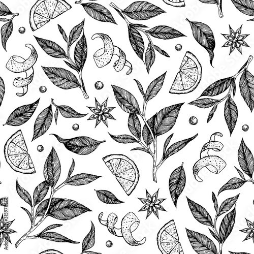 Tea leaf seamless pattern. Hand drawn vector illustration. Citrus tea background, leaf and lemon slice. Design for vintage packaging. Engraved style.