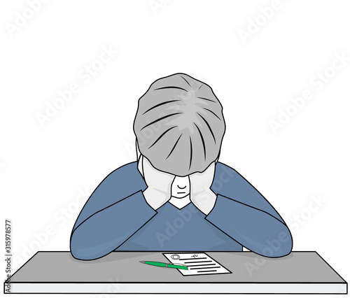 man sitting holding his head over a document. problems with documents. debentures. vector illustration.