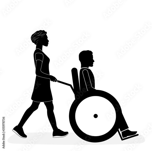 silhouette of a woman carrying a man in a wheelchair. care and revenue. vector illustration.