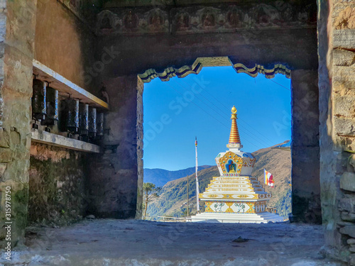 A gateway at the top of Taksindu La pass. Everest base camp trek: from Taksindu to Salleri. Himalayas, Nepal.