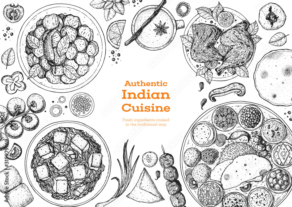 Indian food illustration. Hand drawn sketch. Indian cuisine. Doodle