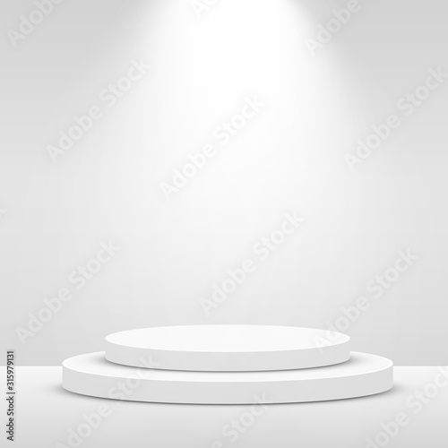 Stage Podium Scene for Award Ceremony illuminated with spotlight. Award ceremony concept. Stage backdrop.