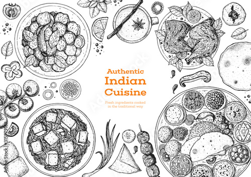 Indian food illustration. Hand drawn sketch. Indian cuisine. Doodle collection. Vector illustration. Menu background. Engraved style.