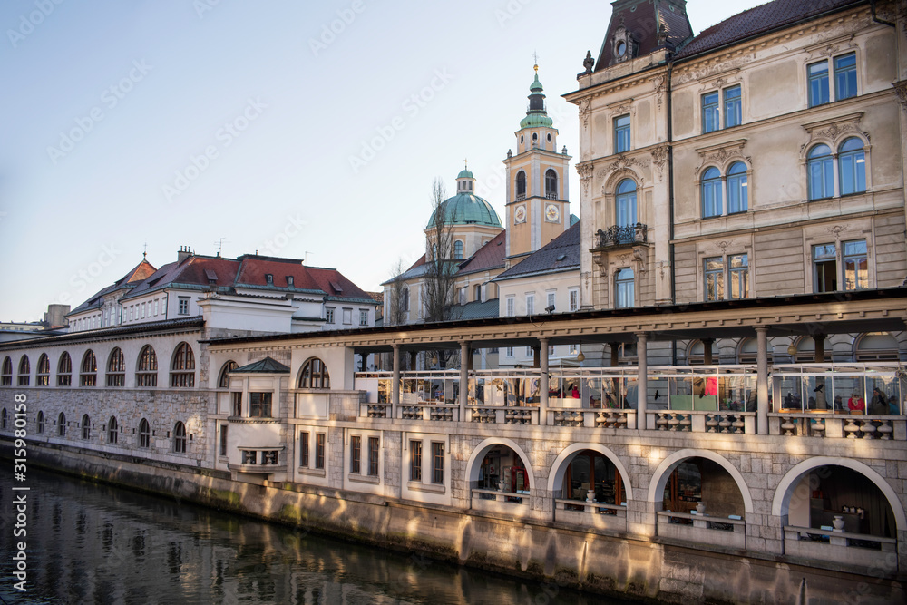 View of Ljubljana cathedral from the central market and river side of the city